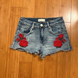 Urban Heritage Blue Jean Shorts with Red Floral Design